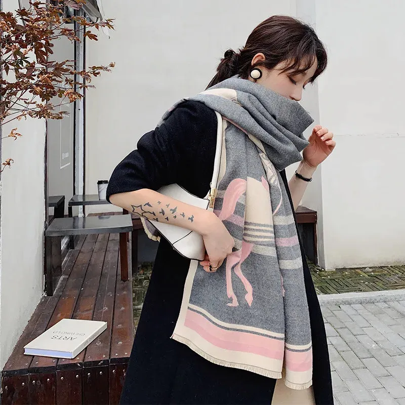2023 Animal Print Winter Cashmere Scarf Women Thick Warm Shawls Wraps Luxury Brand Horse Printed Pashmina Blanket Cape