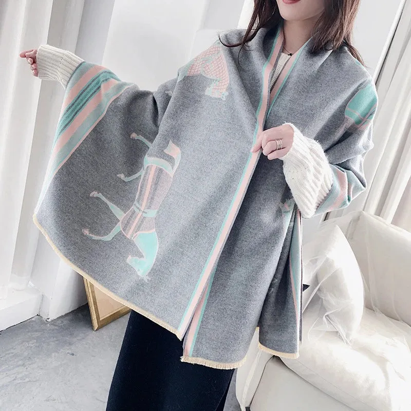 2023 Animal Print Winter Cashmere Scarf Women Thick Warm Shawls Wraps Luxury Brand Horse Printed Pashmina Blanket Cape