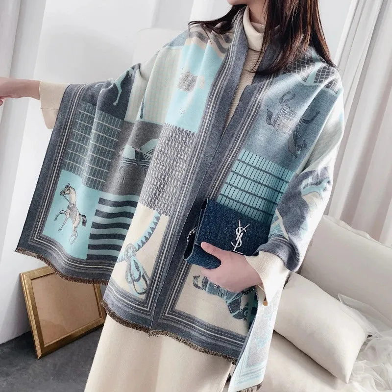 2023 Animal Print Winter Cashmere Scarf Women Thick Warm Shawls Wraps Luxury Brand Horse Printed Pashmina Blanket Cape