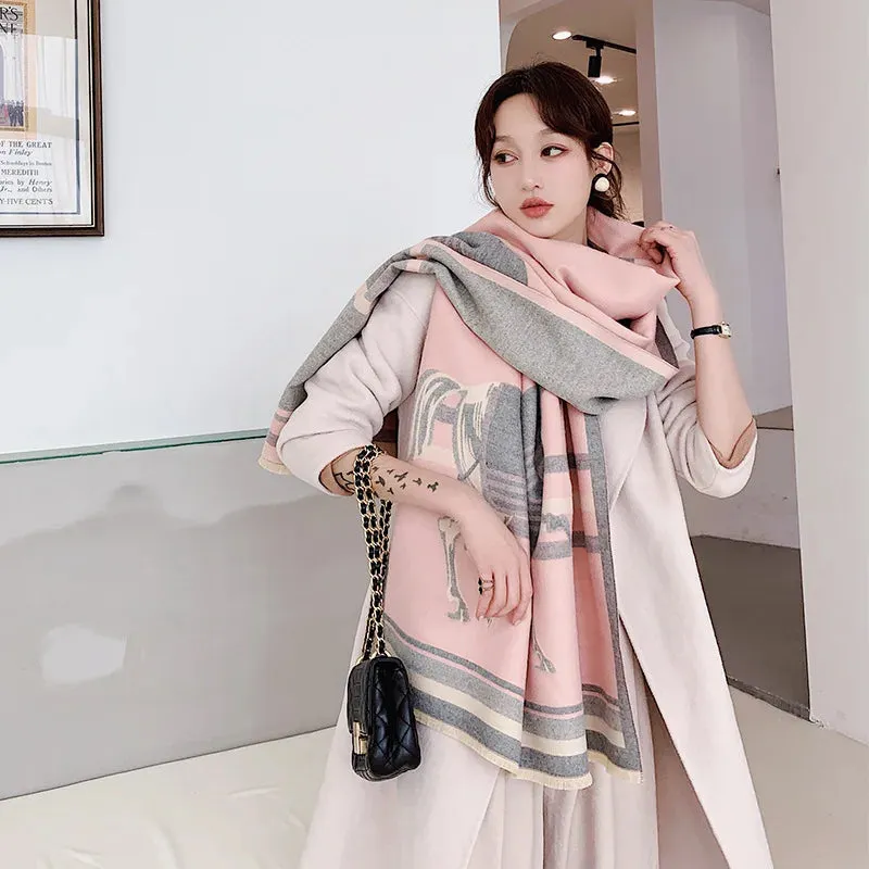 2023 Animal Print Winter Cashmere Scarf Women Thick Warm Shawls Wraps Luxury Brand Horse Printed Pashmina Blanket Cape