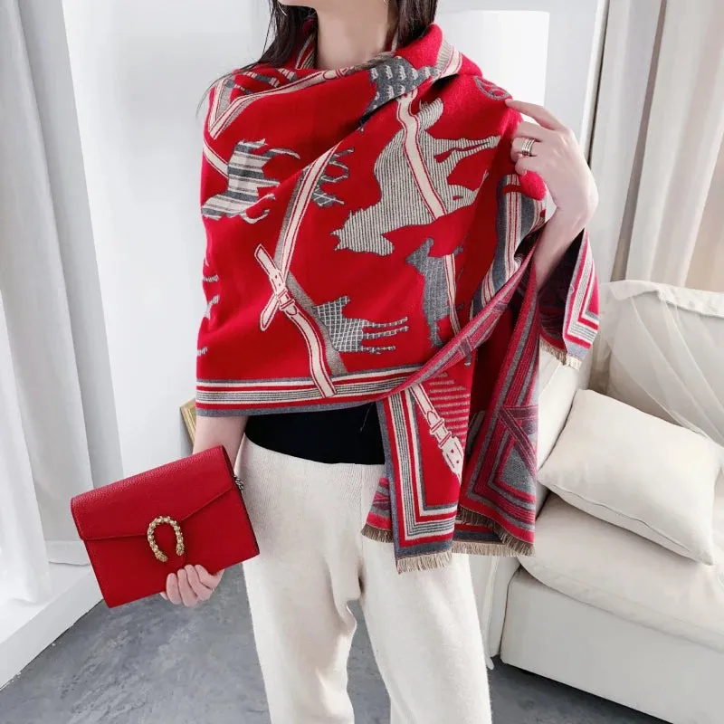 2023 Animal Print Winter Cashmere Scarf Women Thick Warm Shawls Wraps Luxury Brand Horse Printed Pashmina Blanket Cape