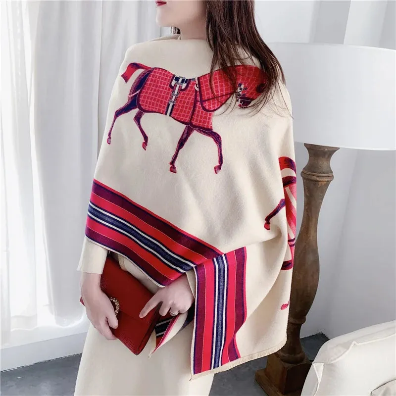 2023 Animal Print Winter Cashmere Scarf Women Thick Warm Shawls Wraps Luxury Brand Horse Printed Pashmina Blanket Cape