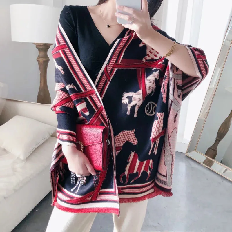 2023 Animal Print Winter Cashmere Scarf Women Thick Warm Shawls Wraps Luxury Brand Horse Printed Pashmina Blanket Cape