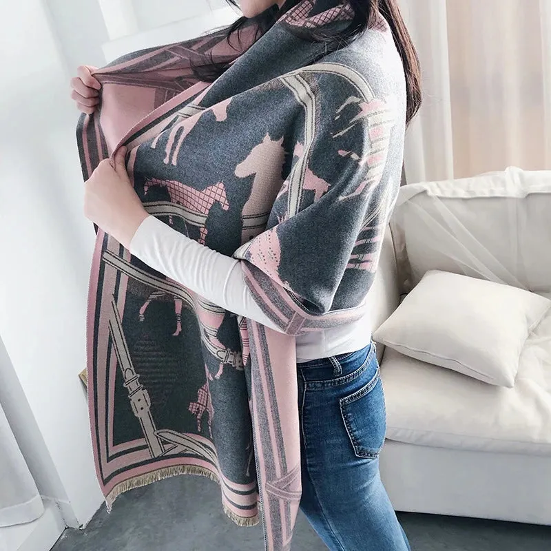 2023 Animal Print Winter Cashmere Scarf Women Thick Warm Shawls Wraps Luxury Brand Horse Printed Pashmina Blanket Cape