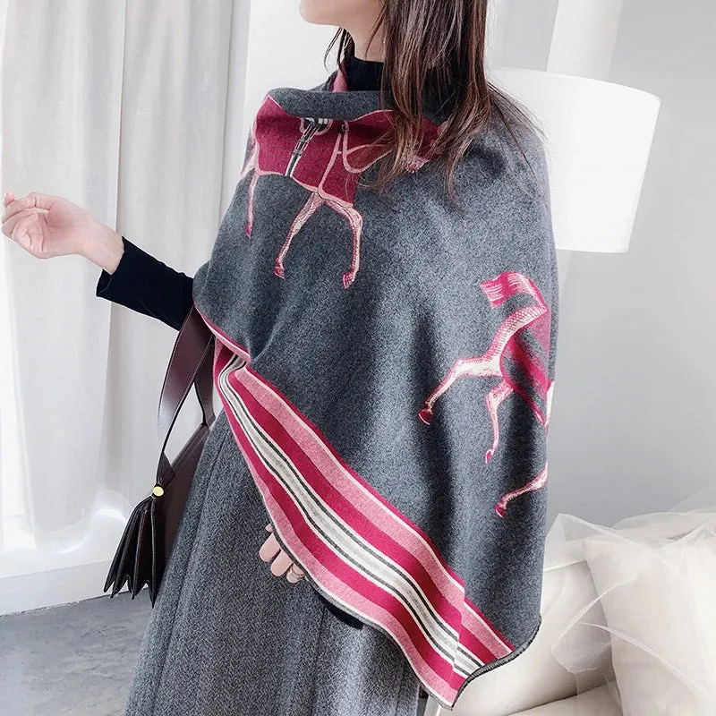 2023 Animal Print Winter Cashmere Scarf Women Thick Warm Shawls Wraps Luxury Brand Horse Printed Pashmina Blanket Cape