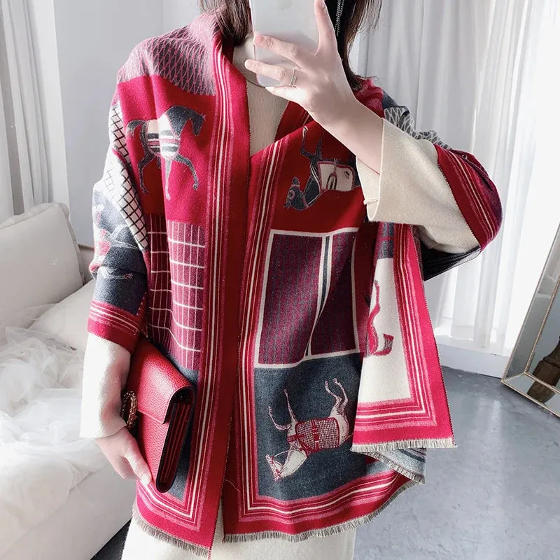 2023 Animal Print Winter Cashmere Scarf Women Thick Warm Shawls Wraps Luxury Brand Horse Printed Pashmina Blanket Cape