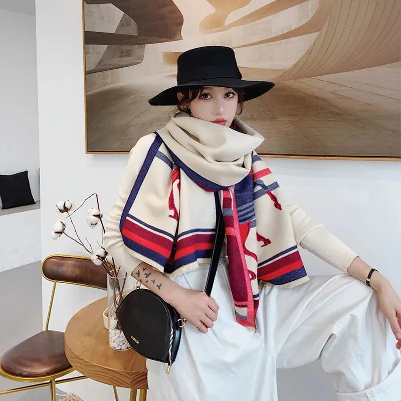 2023 Animal Print Winter Cashmere Scarf Women Thick Warm Shawls Wraps Luxury Brand Horse Printed Pashmina Blanket Cape