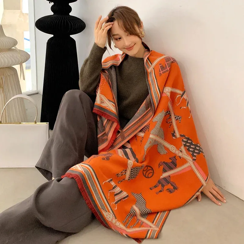 2023 Animal Print Winter Cashmere Scarf Women Thick Warm Shawls Wraps Luxury Brand Horse Printed Pashmina Blanket Cape