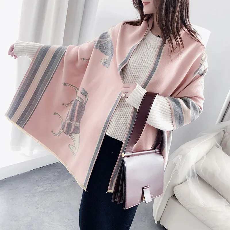 2023 Animal Print Winter Cashmere Scarf Women Thick Warm Shawls Wraps Luxury Brand Horse Printed Pashmina Blanket Cape