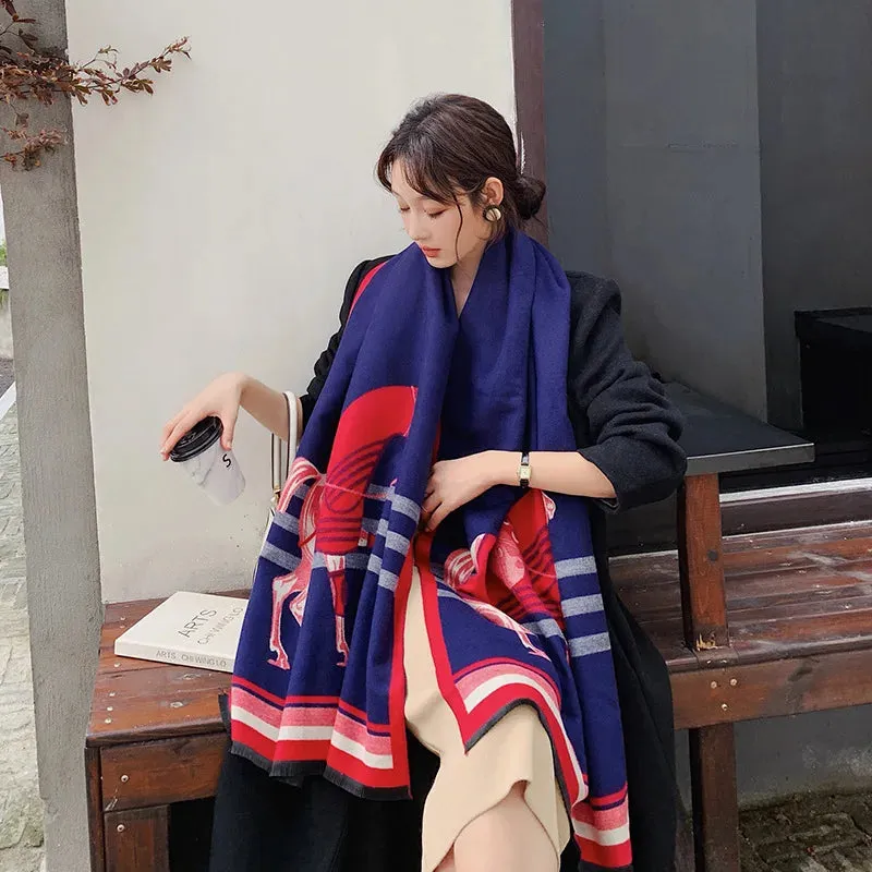 2023 Animal Print Winter Cashmere Scarf Women Thick Warm Shawls Wraps Luxury Brand Horse Printed Pashmina Blanket Cape