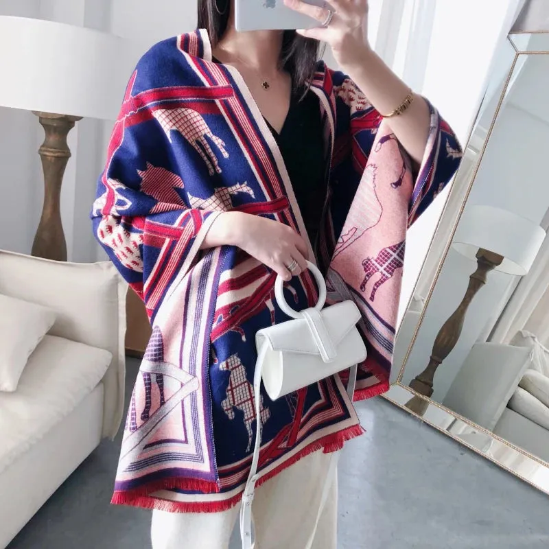 2023 Animal Print Winter Cashmere Scarf Women Thick Warm Shawls Wraps Luxury Brand Horse Printed Pashmina Blanket Cape