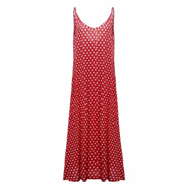 5XL Plus Size Summer Dress 2017 Women Polka Dot Print V Neck Sleeveless Sundress Loose Maxi Long Beach Bohemian Vintage Dress