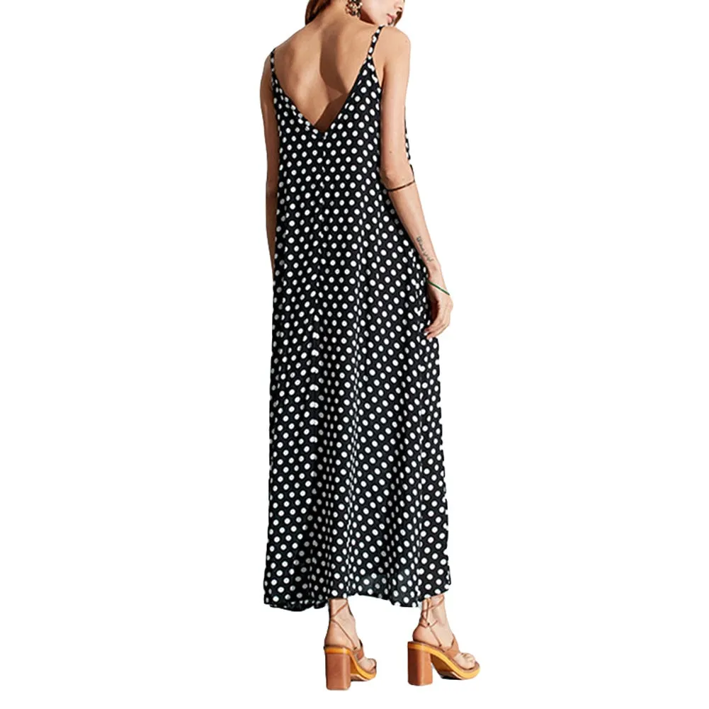 5XL Plus Size Summer Dress 2017 Women Polka Dot Print V Neck Sleeveless Sundress Loose Maxi Long Beach Bohemian Vintage Dress