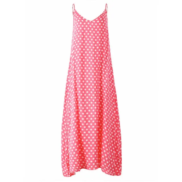 5XL Plus Size Summer Dress 2017 Women Polka Dot Print V Neck Sleeveless Sundress Loose Maxi Long Beach Bohemian Vintage Dress