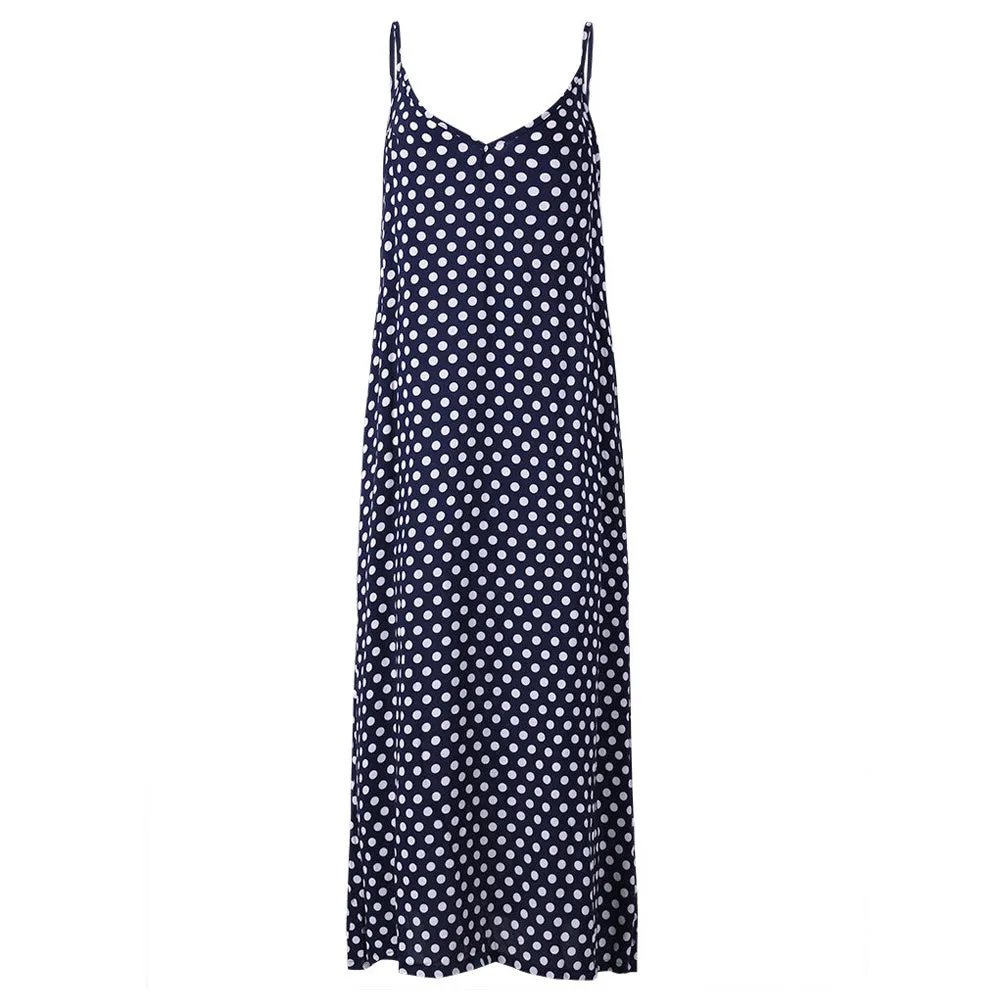 5XL Plus Size Summer Dress 2017 Women Polka Dot Print V Neck Sleeveless Sundress Loose Maxi Long Beach Bohemian Vintage Dress