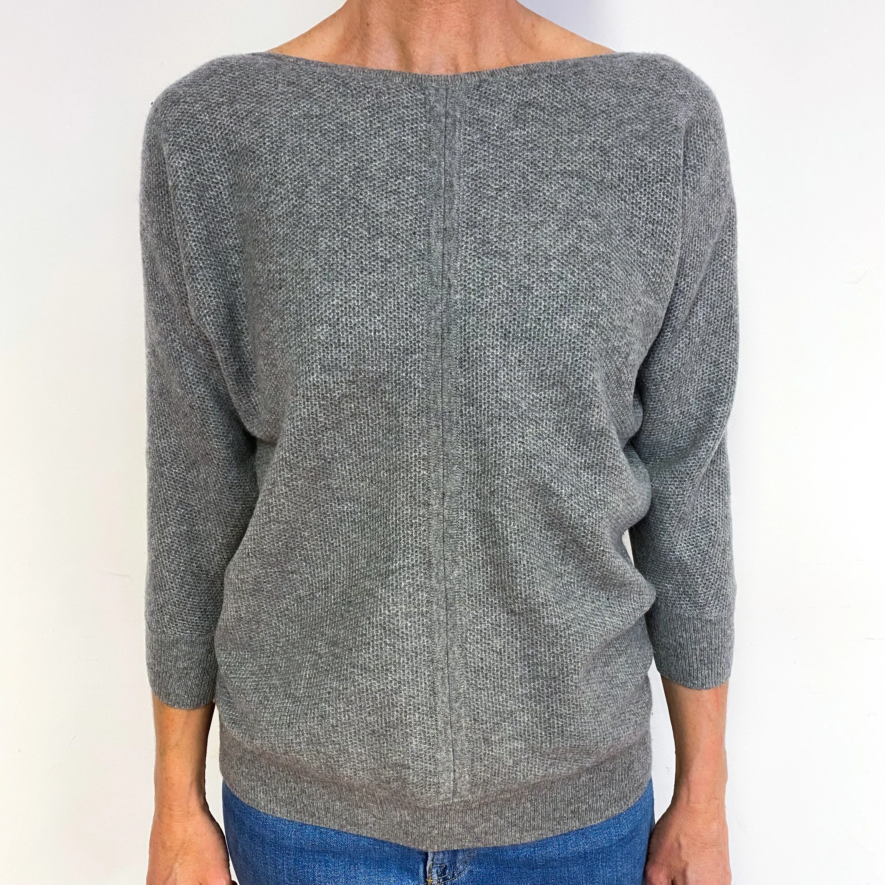 Ash Grey Waffle Cashmere Boat Neck Jumper Medium