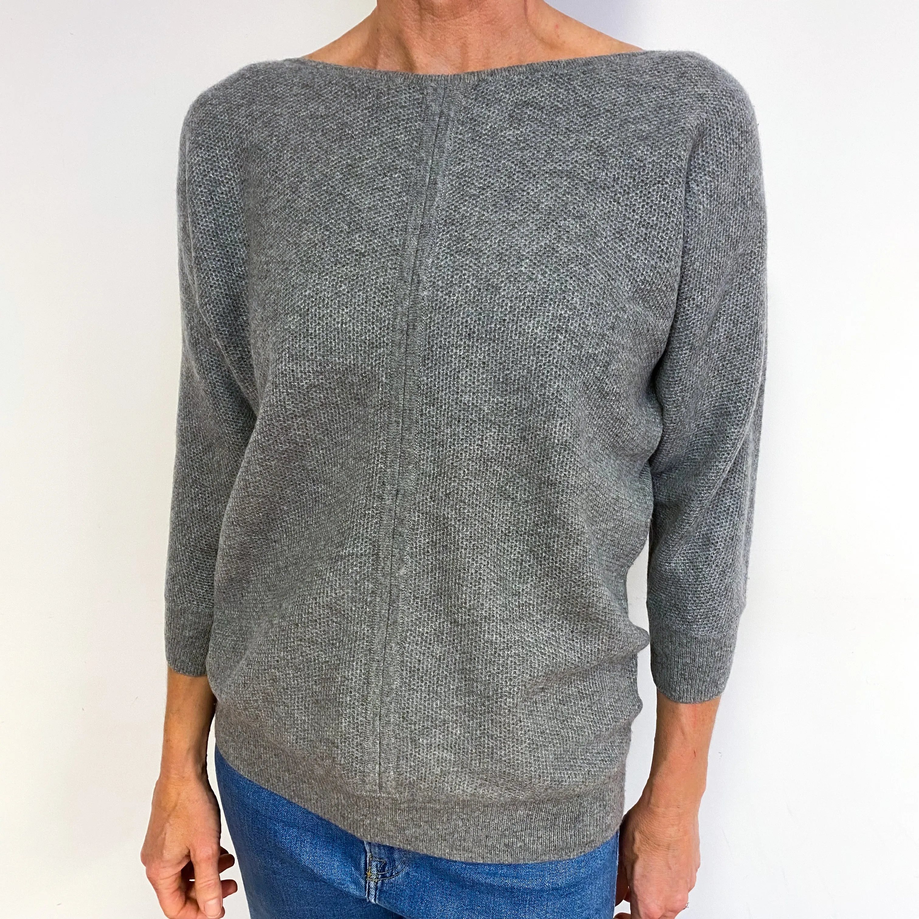 Ash Grey Waffle Cashmere Boat Neck Jumper Medium