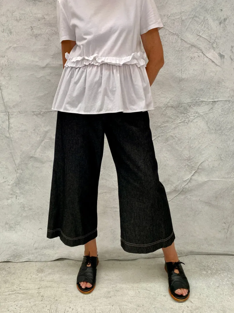 Audrey Culottes in Lightweight Grey Denim with Natural Top Stitch Detail