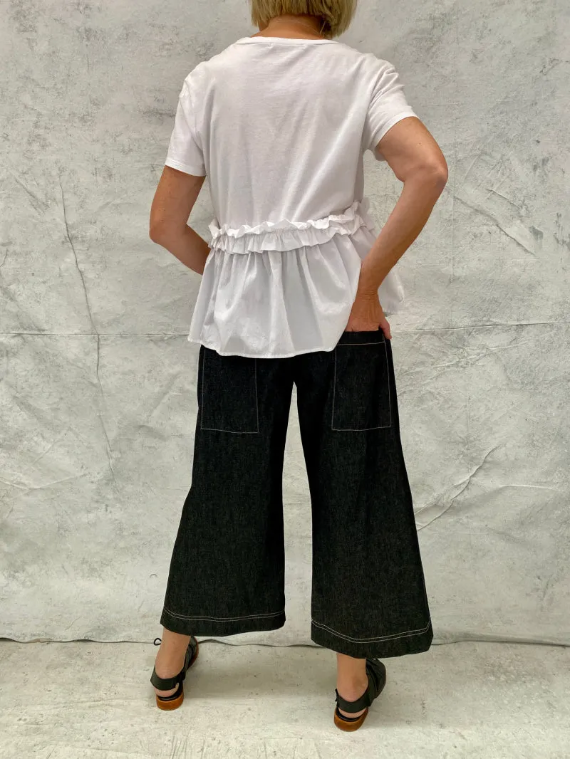 Audrey Culottes in Lightweight Grey Denim with Natural Top Stitch Detail