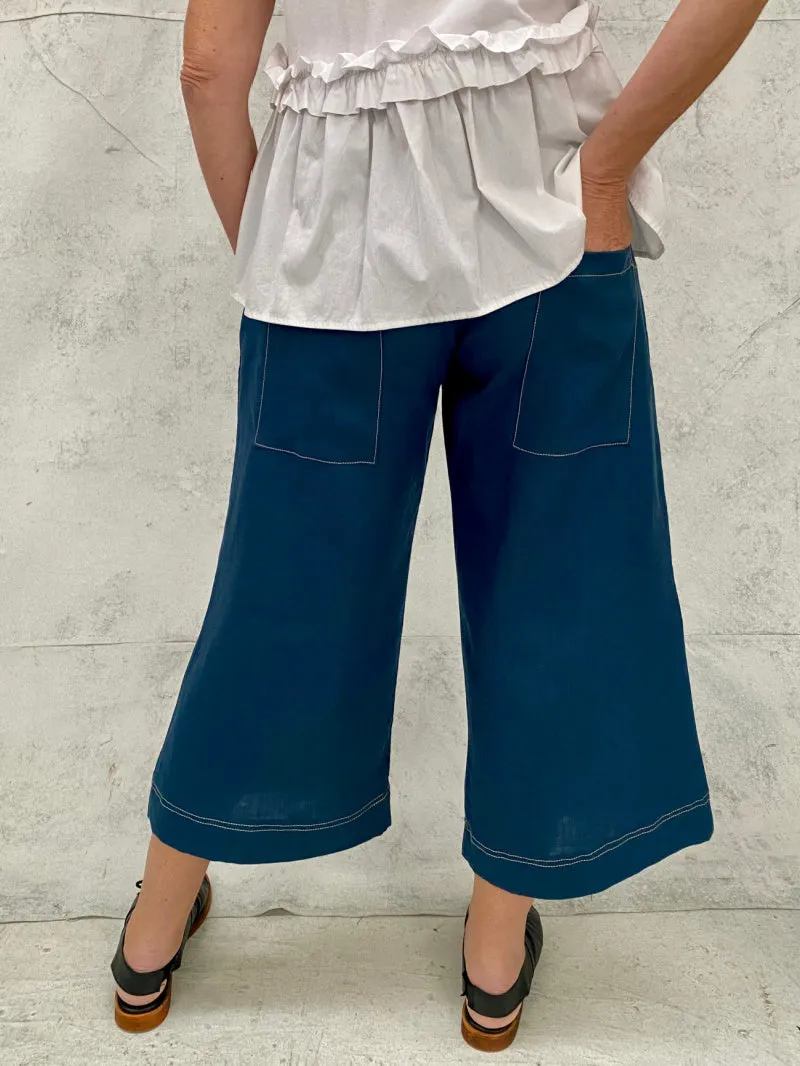 Audrey Culottes in Teal Linen with Natural Top Stitch Detail