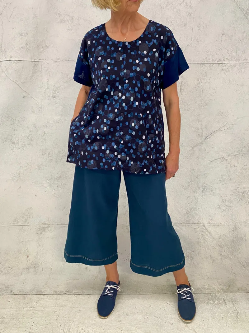 Audrey Culottes in Teal Linen with Natural Top Stitch Detail