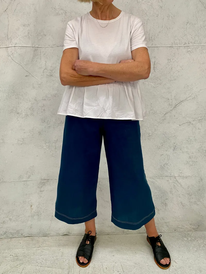 Audrey Culottes in Teal Linen with Natural Top Stitch Detail