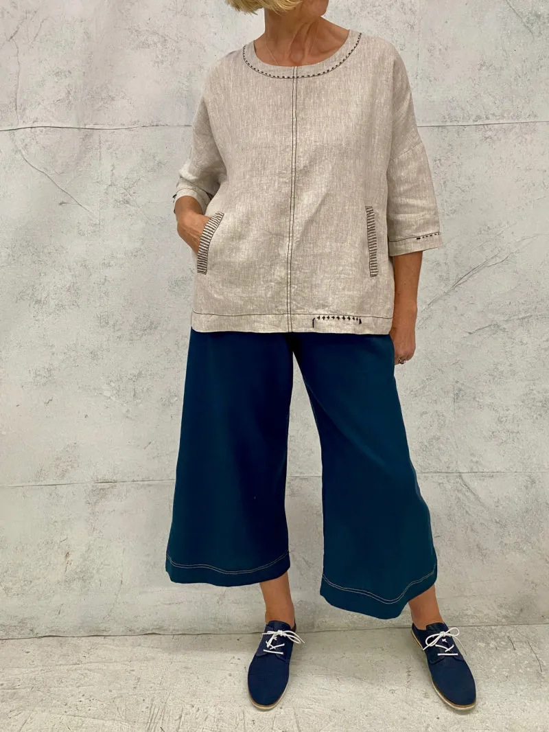 Audrey Culottes in Teal Linen with Natural Top Stitch Detail