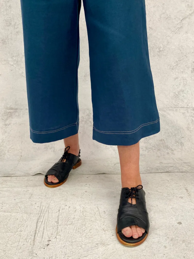 Audrey Culottes in Teal Linen with Natural Top Stitch Detail