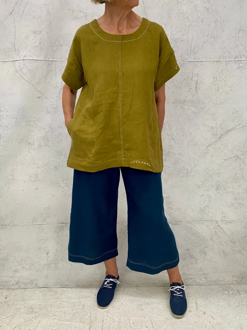 Audrey Culottes in Teal Linen with Natural Top Stitch Detail