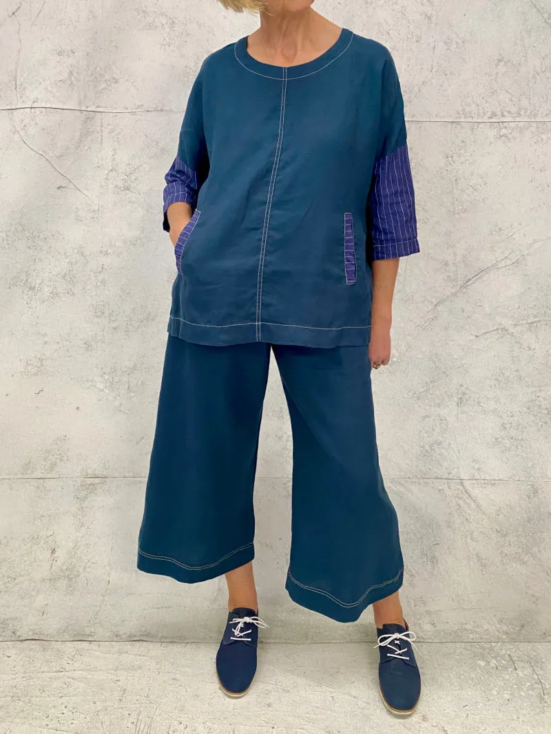 Audrey Culottes in Teal Linen with Natural Top Stitch Detail