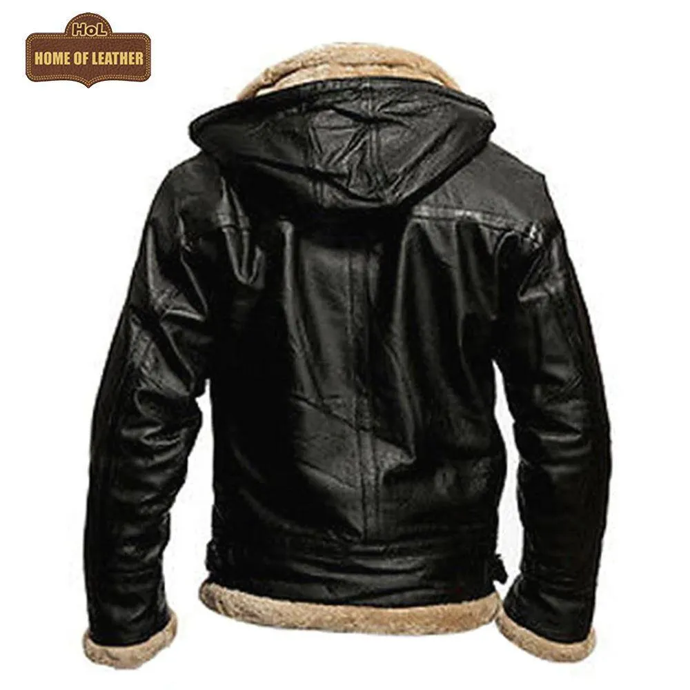 B001 B3 Black Removable Hood Fur Shearling Genuine Leather Bomber Black Jacket For Men