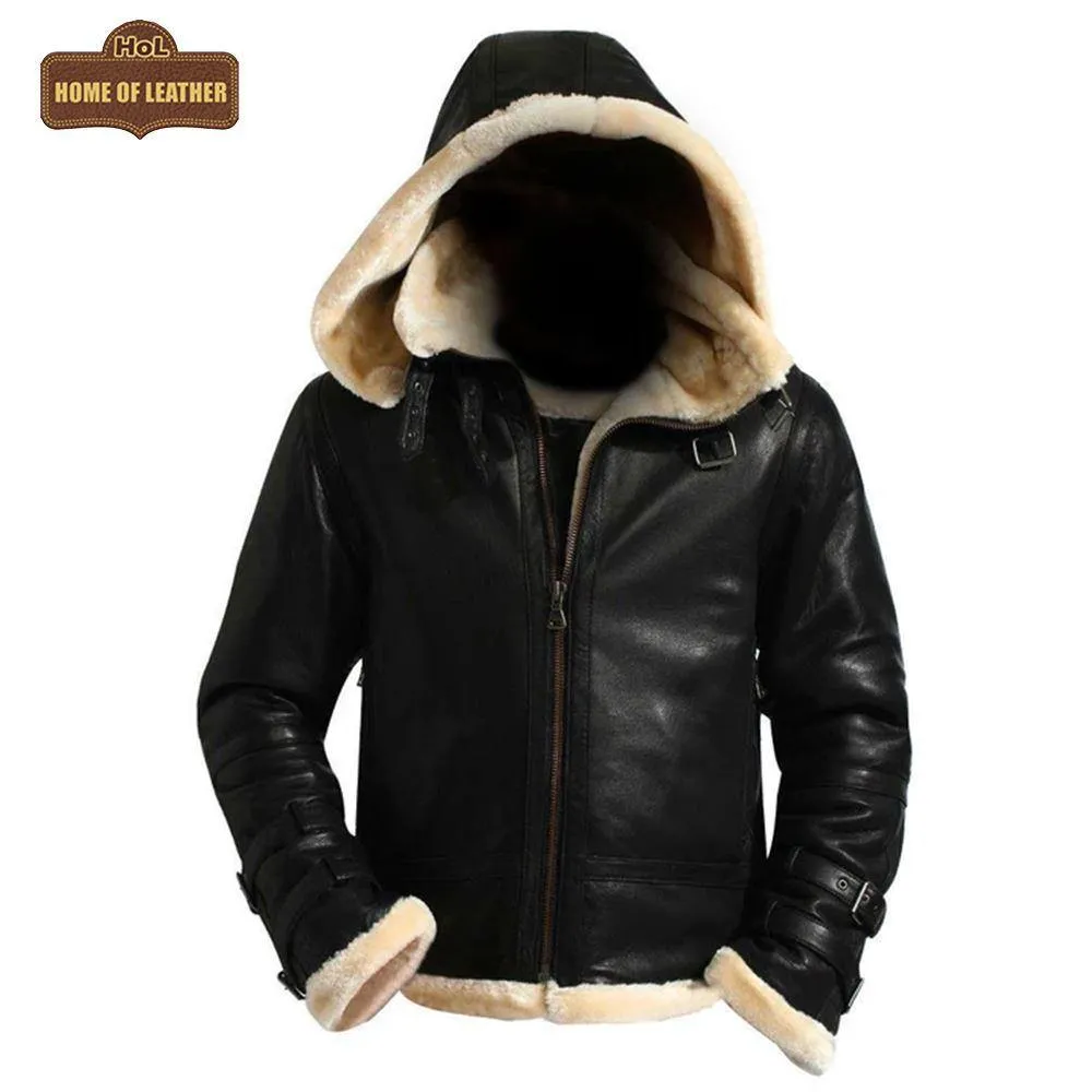 B001 B3 Black Removable Hood Fur Shearling Genuine Leather Bomber Black Jacket For Men