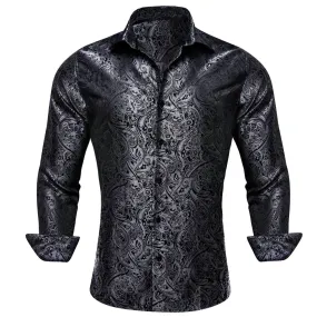 Barry Wang Men Casual Button Down shirt Grey Paisley Silk Male's Shirt