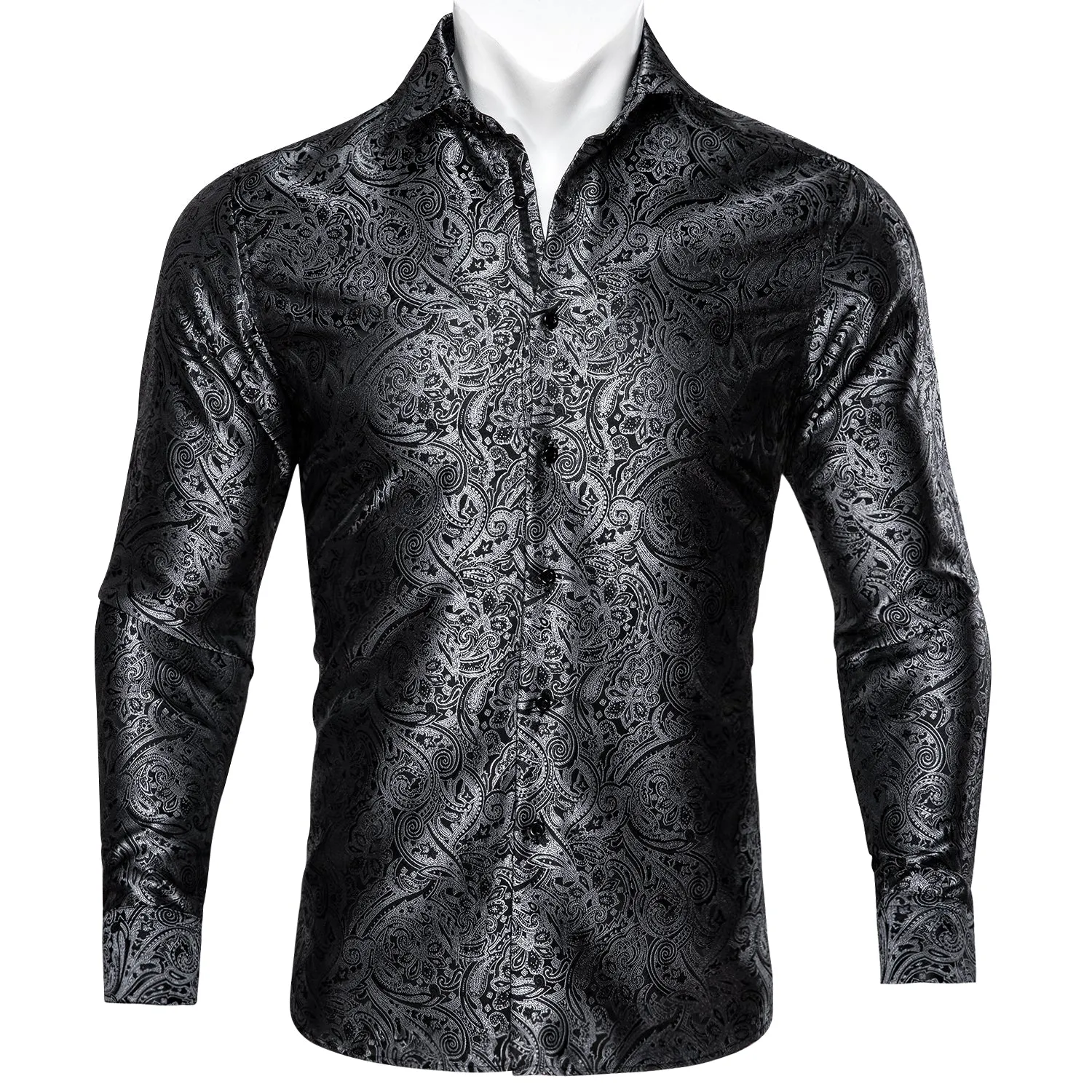 Barry Wang Men Casual Button Down shirt Grey Paisley Silk Male's Shirt