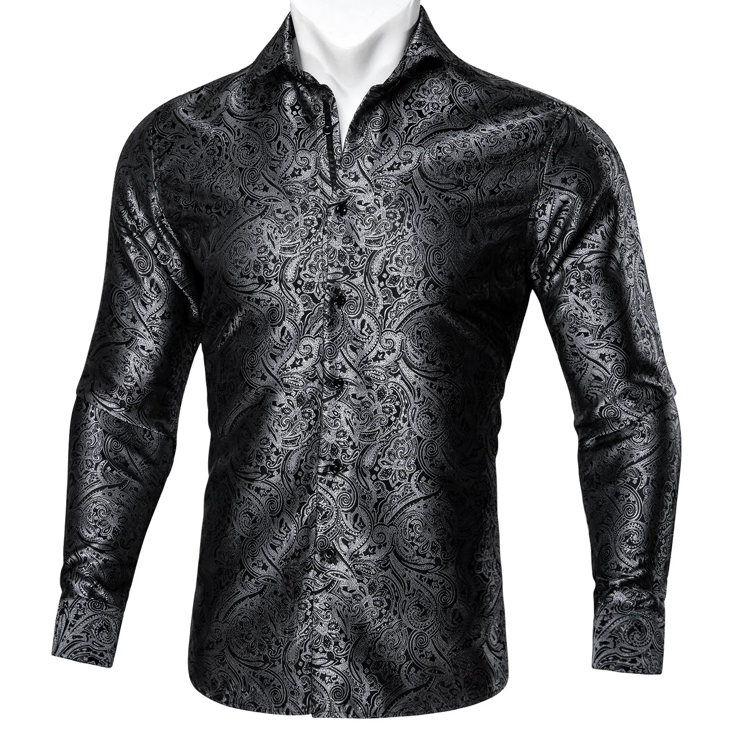Barry Wang Men Casual Button Down shirt Grey Paisley Silk Male's Shirt
