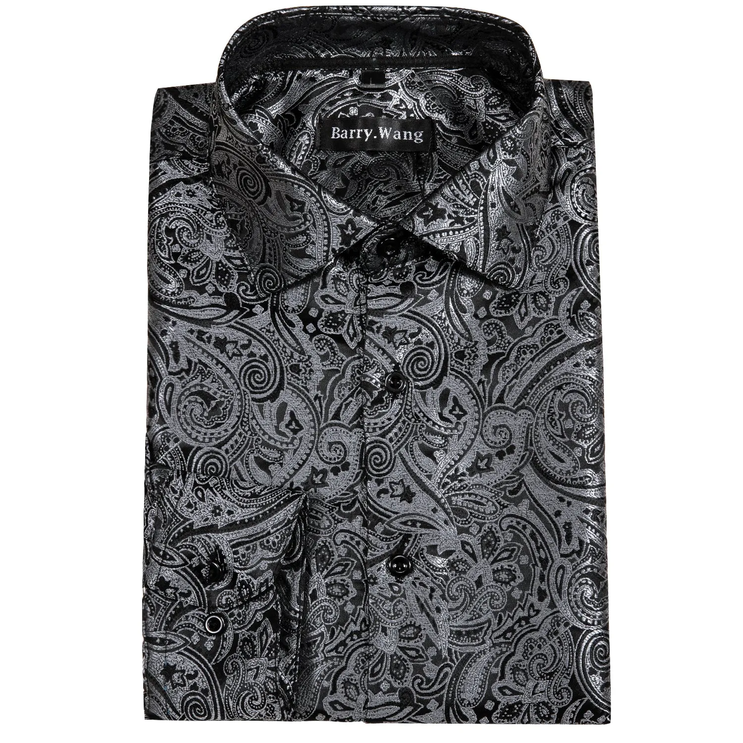 Barry Wang Men Casual Button Down shirt Grey Paisley Silk Male's Shirt