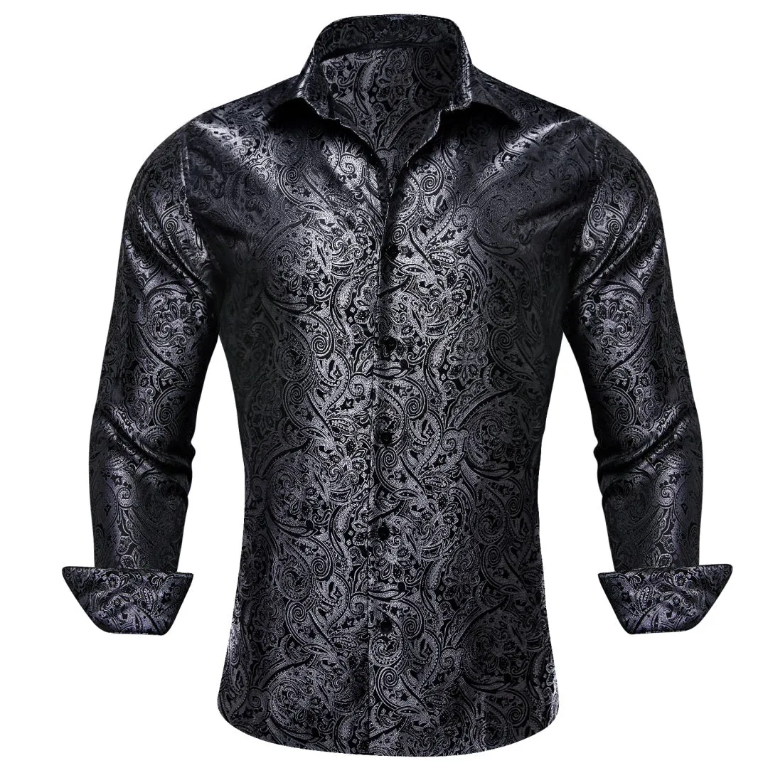 Barry Wang Men Casual Button Down shirt Grey Paisley Silk Male's Shirt