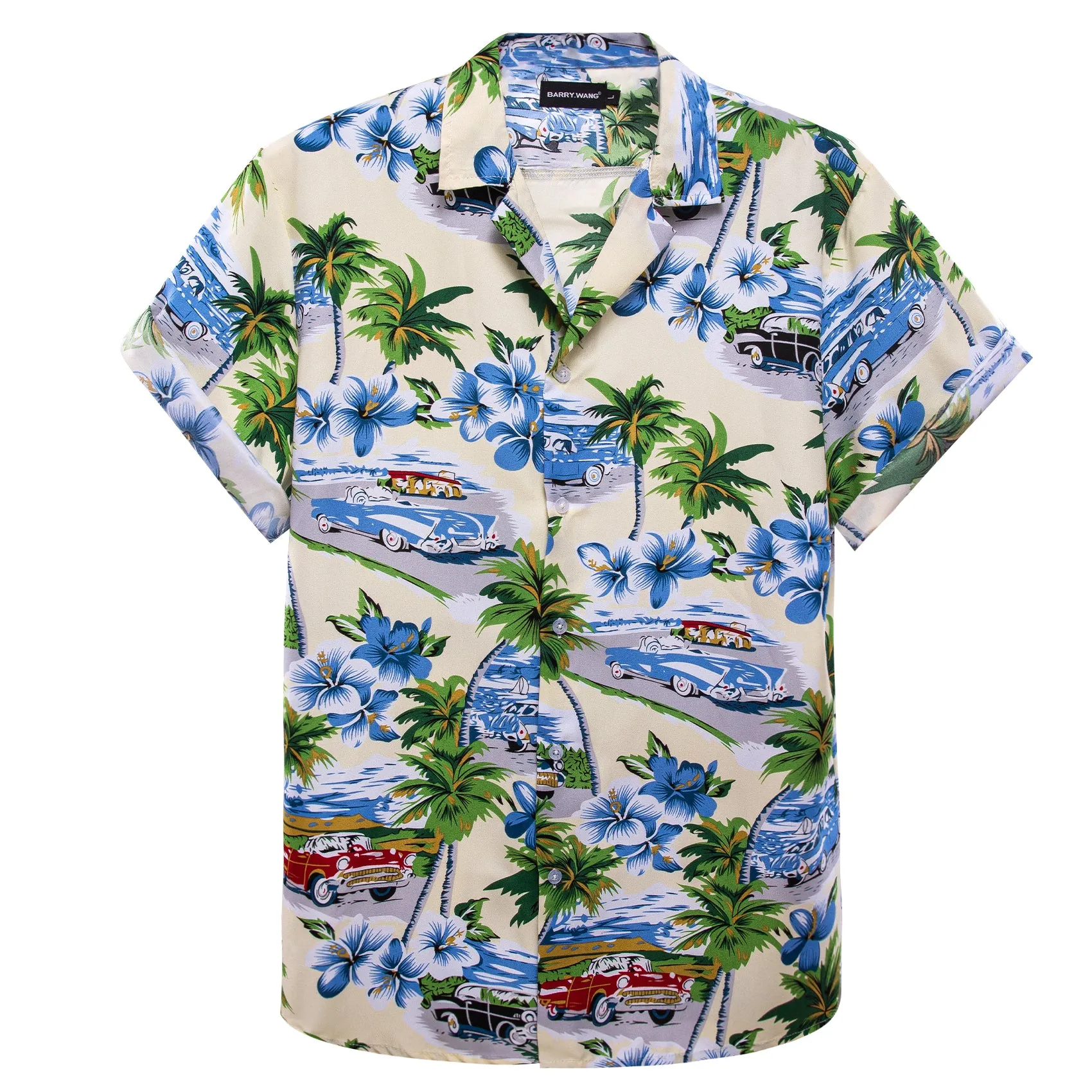 Barry Wang Shirt Men Pale Green Seaside Floral Short Sleeves Shirt