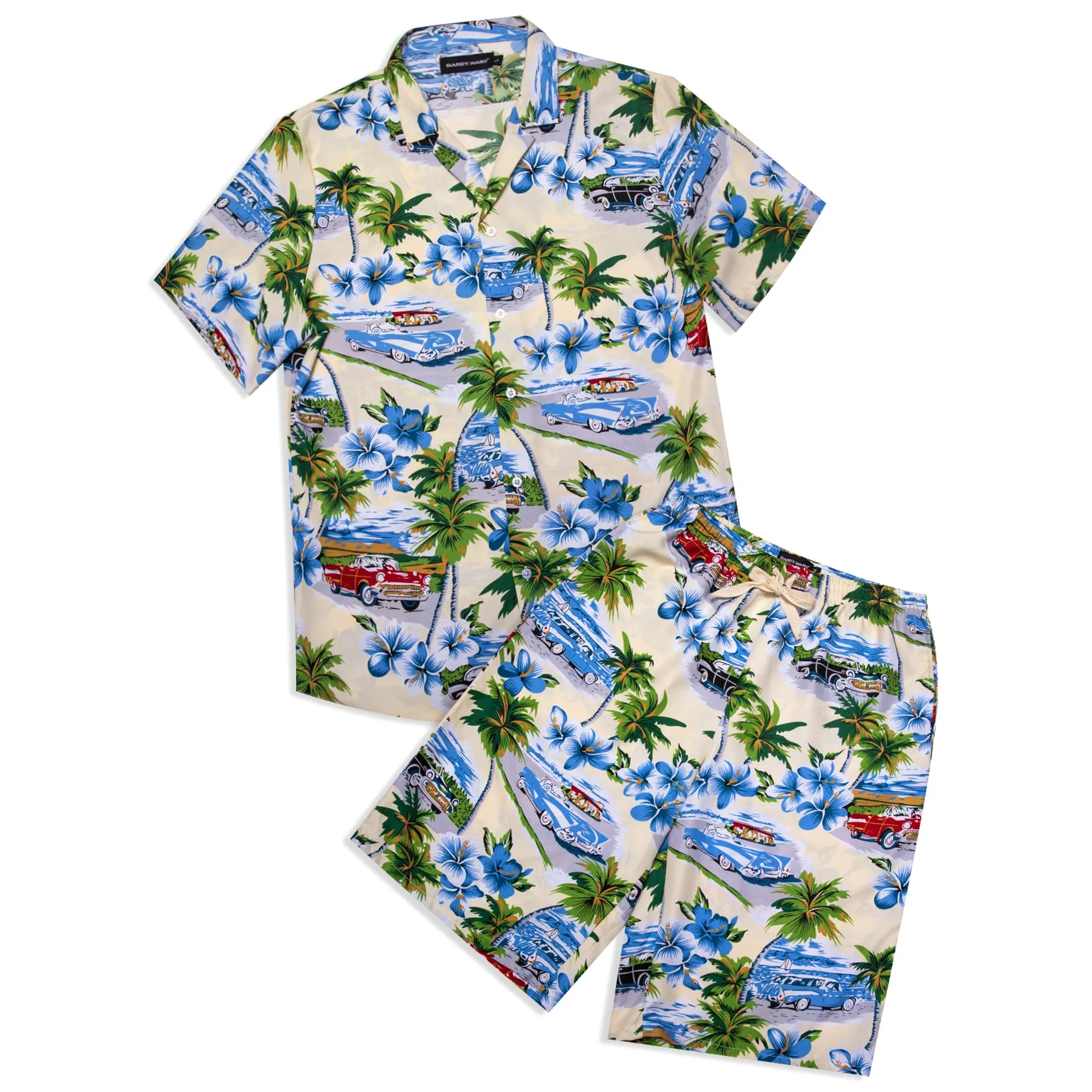 Barry Wang Shirt Men Pale Green Seaside Floral Short Sleeves Shirt
