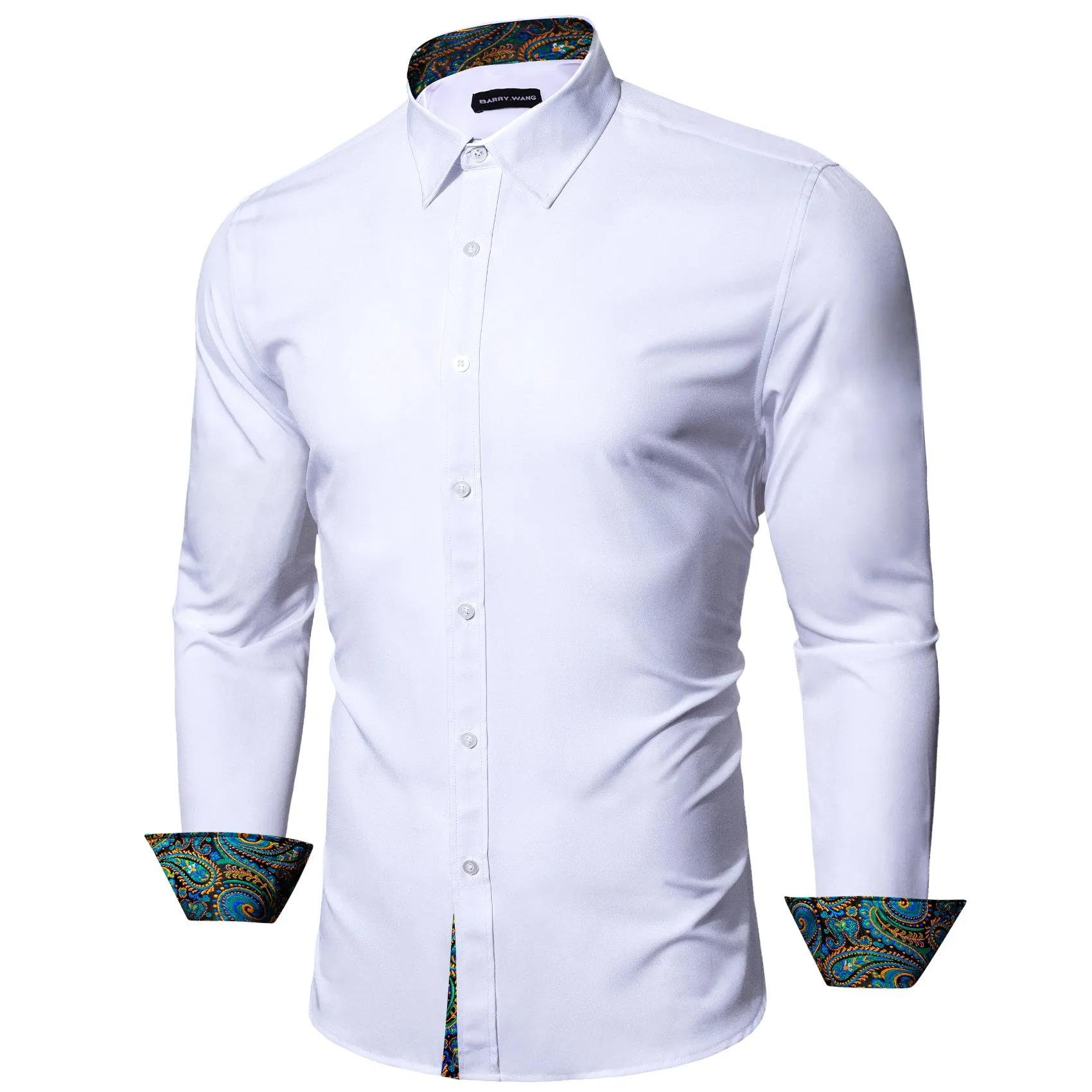 Barry Wang White Collared Shirt White Splicing Men's Business Shirt