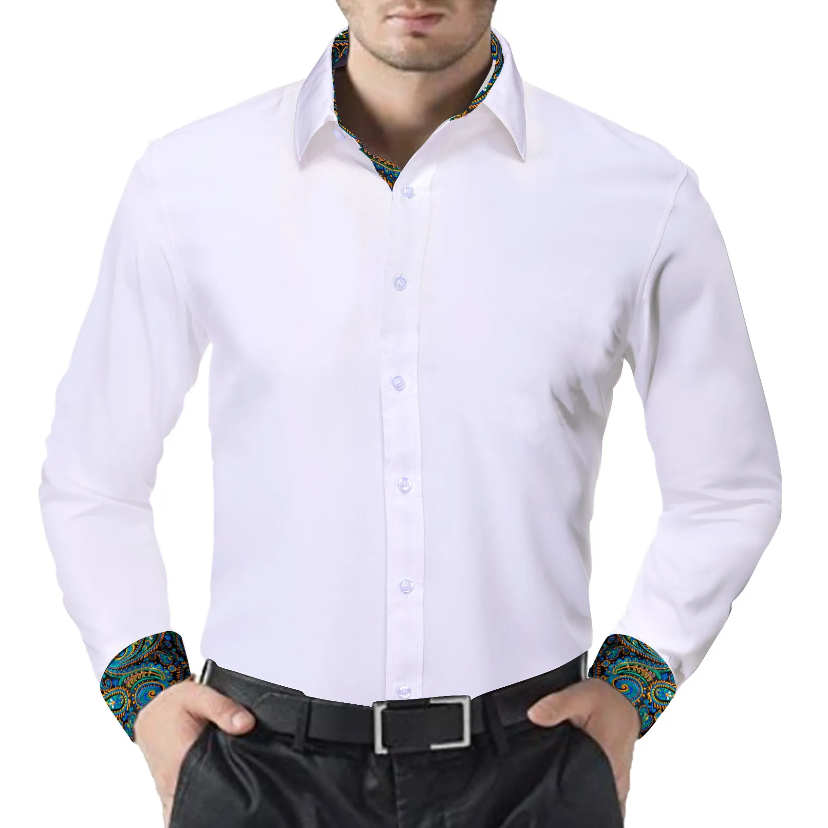 Barry Wang White Collared Shirt White Splicing Men's Business Shirt