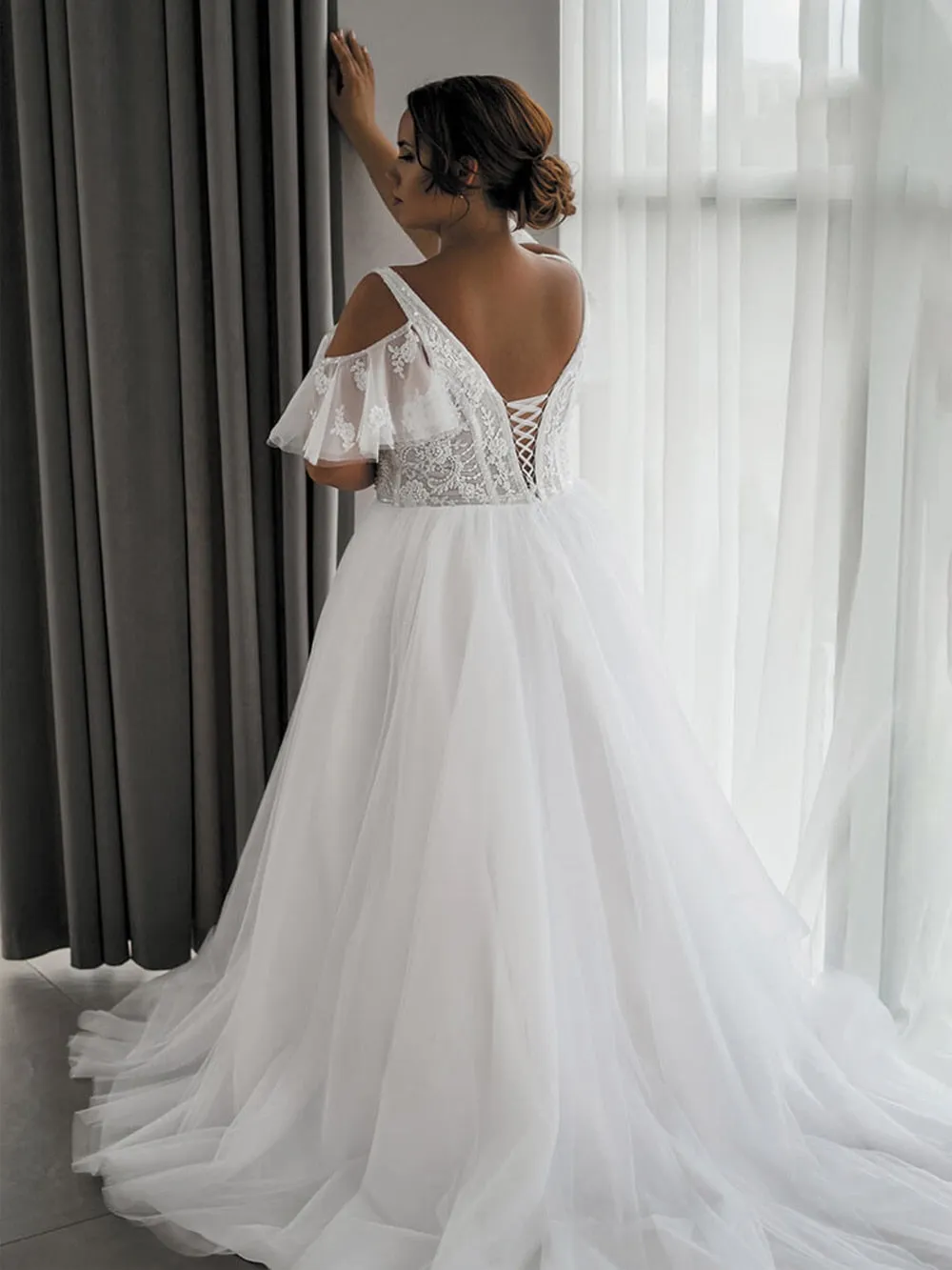 Beading Short Sleeves Plus Size Bridal Dresses