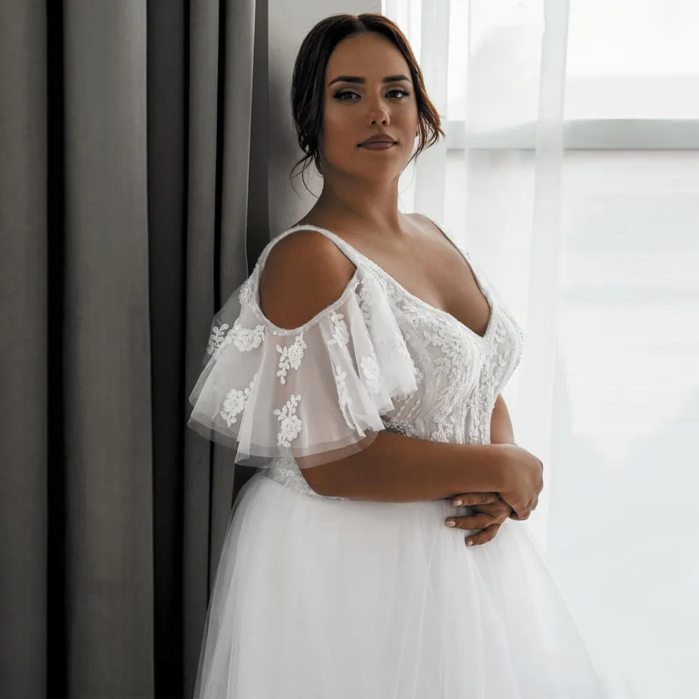 Beading Short Sleeves Plus Size Bridal Dresses