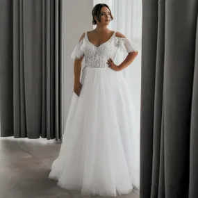 Beading Short Sleeves Plus Size Bridal Dresses