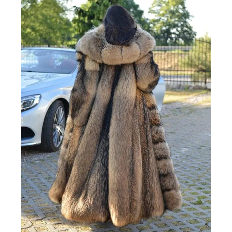 BFFUR Luxury 130cm Long Natural Women Fur Coats Real Winter Fashion Full Pelt Genuine Raccoon Fur Coat With Hood Overcoat Woman