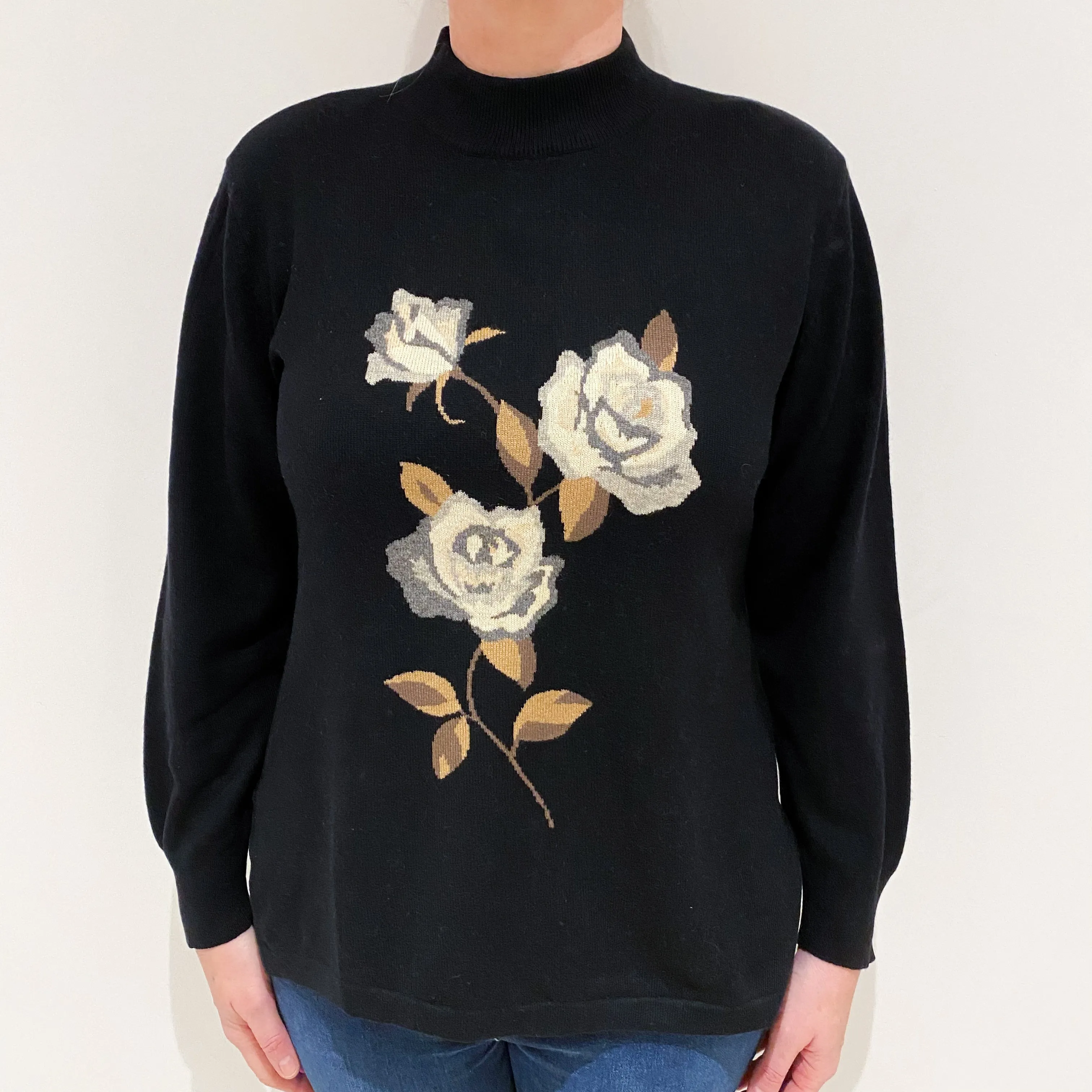 Black and Brown Floral Cashmere Turtle Neck Jumper Large