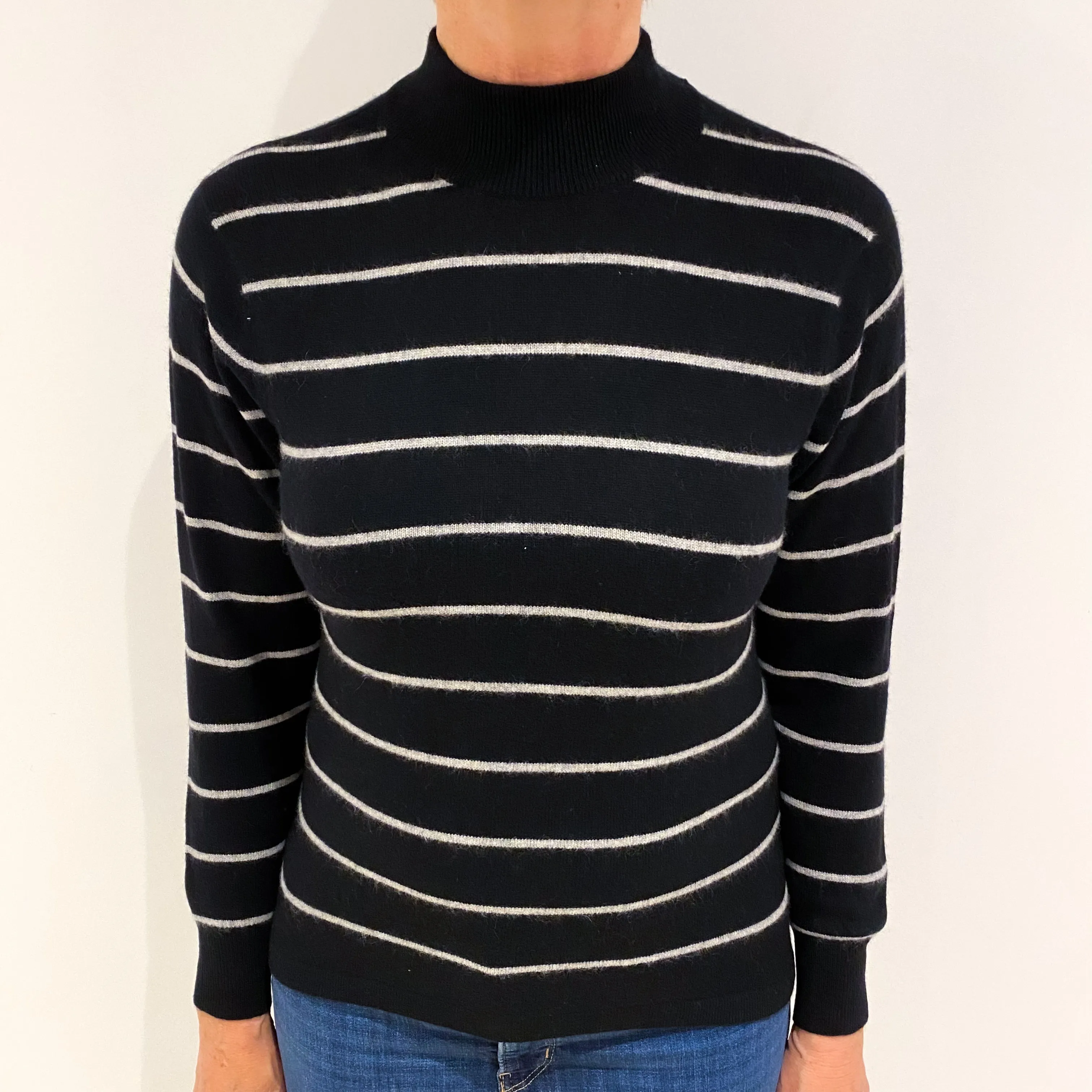 Black and Grey Striped Cashmere Turtle Neck Jumper Medium