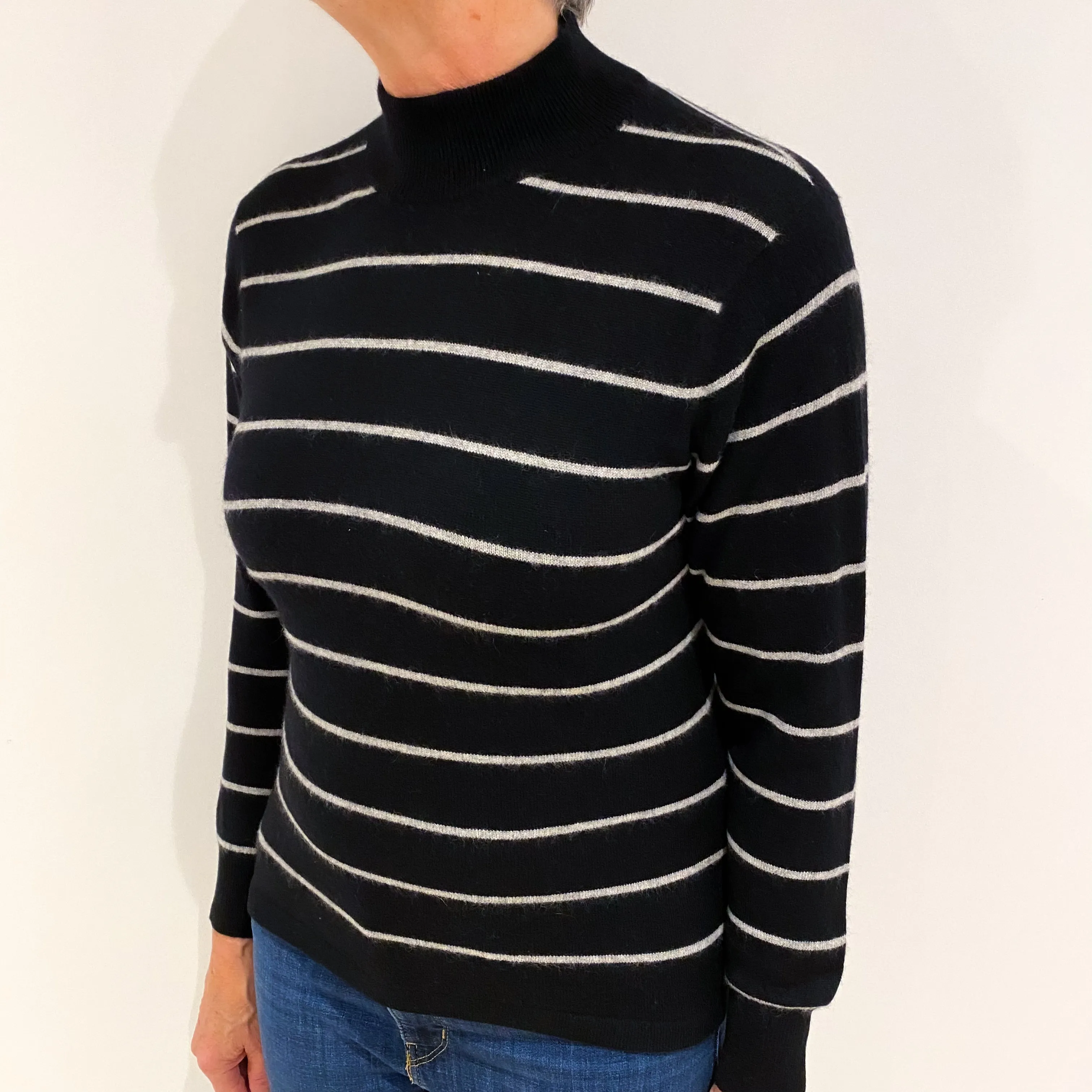Black and Grey Striped Cashmere Turtle Neck Jumper Medium
