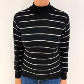 Black and Grey Striped Cashmere Turtle Neck Jumper Medium