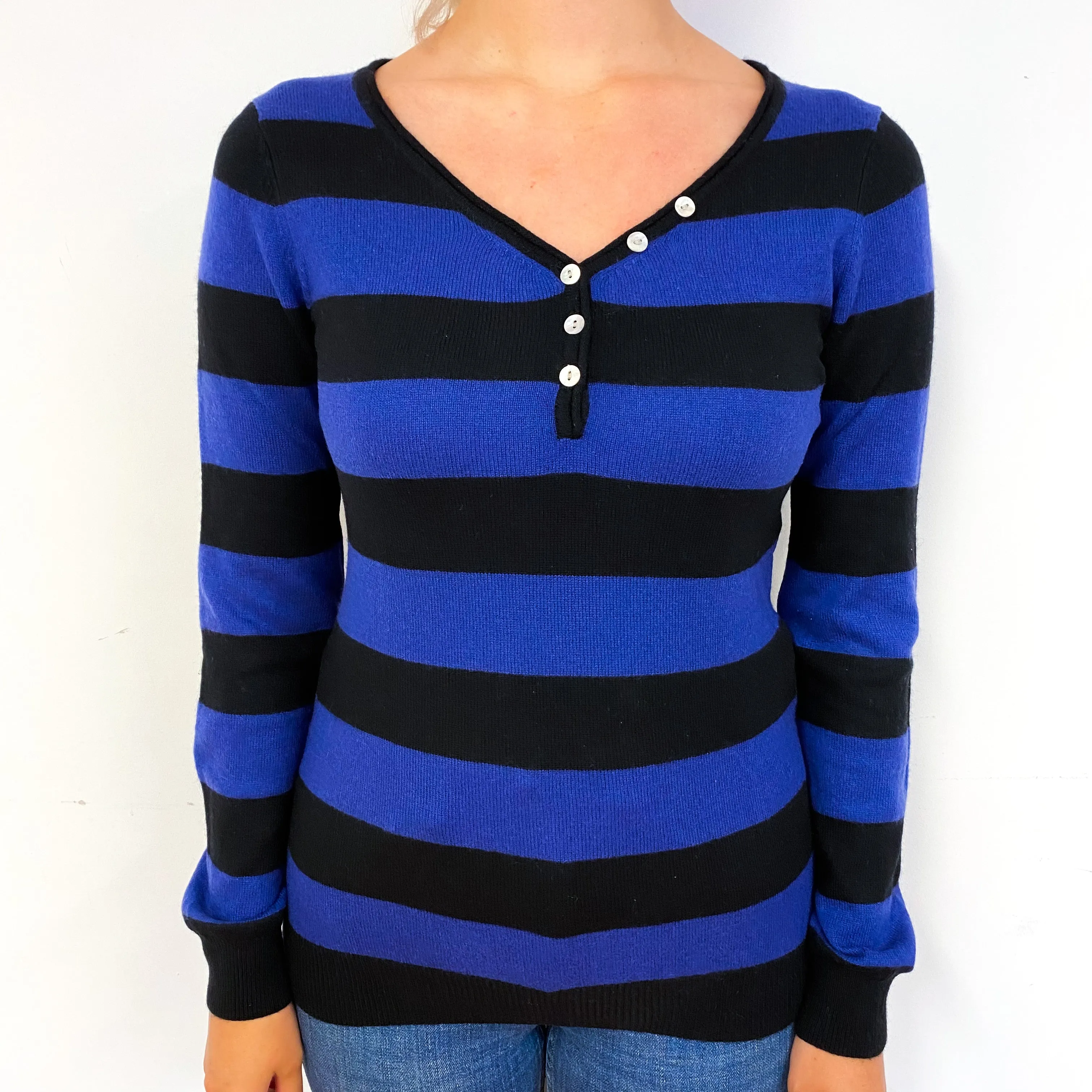Black Blue Stripe Cashmere Buttoned V-Neck Jumper Small